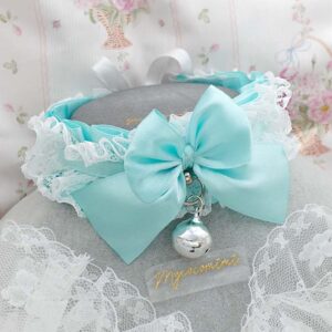 Mint Green Bow White Lace Ruffles kitten play collar choker necklace with a bell , kawaii core pastel Jewellery