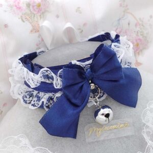 Navy Blue Kitten Play Collar Choker Necklace , White Lace Ruffles Bow with a bell , kawaii core alternative jewellery