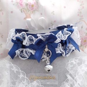 Navy Blue Kitten Play Collar Choker Necklace , White Lace Ruffles with bows and bell , alternative jewellery