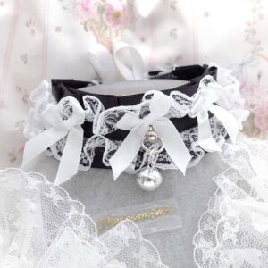 Black Kitten Play Collar Choker Necklace, White Lace Ruffles with bows and bell , alternative jewellery