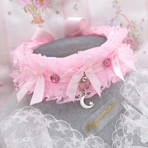 Little Crescent Moon Baby Pink Bow Lace Ruffles kitten play collar choker necklace with rhinestone, coquette core kawaii pastel