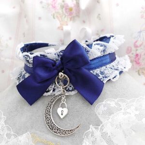 Navy Blue Kitten Play Collar Choker Necklace , White Lace Ruffles Crescent moon and heart lock shape pendant , alternative jewellery