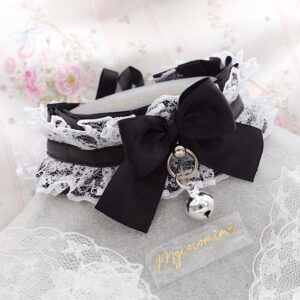 Black and White Lace Kitten Play Collar Choker Necklace, Bow with a bell , kawaii goth core alternative jewellery