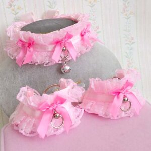 Pastel pink kittenplay collar with lace ruffles and bow bel