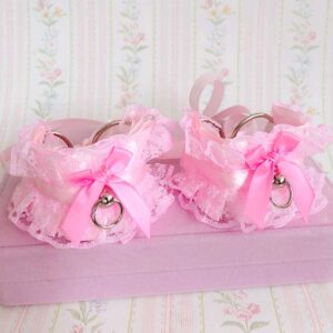 Pink Lace Ruffle Wrist Cuffs Set – Kawaii Kitten Play Gear Hot Pink Bow , Pastel Cosplay Bracelets, Coquette Accessories, Cute Alt Fashion