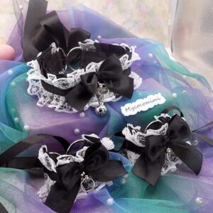 Black and White Lace Collar and Cuffs Set, Kitten Play Gear, Choker Necklace with Bow and Bell, Maiden Cosplay, Goth Maid Costume