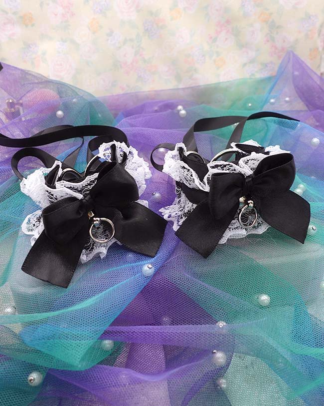 Black & White Lace Ruffles Wrist Cuffs –Bow Cosplay Bracelets, Kawaii Kitten Play Gear Cuffs, Lolita Maiden Accessories - Image 2