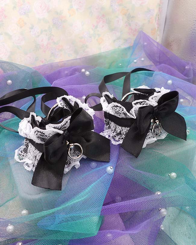 Black & White Lace Ruffles Wrist Cuffs –Bow Cosplay Bracelets, Kawaii Kitten Play Gear Cuffs, Lolita Maiden Accessories - Image 3