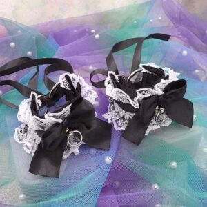 Black & White Lace Ruffles Wrist Cuffs –Bow Cosplay Bracelets, Kawaii Kitten Play Gear Cuffs, Lolita Maiden Accessories