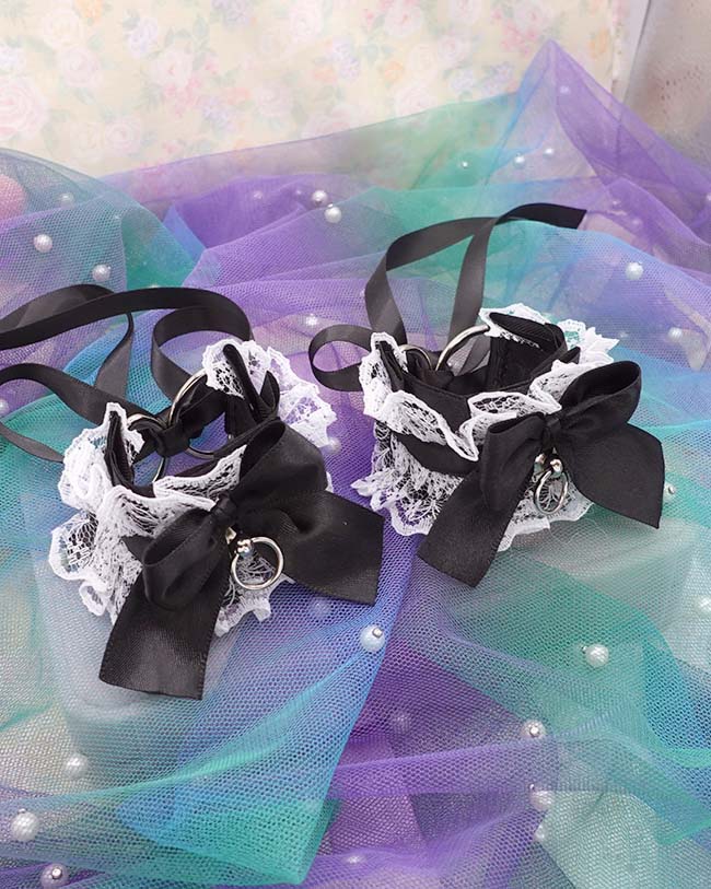 Black & White Lace Ruffles Wrist Cuffs –Bow Cosplay Bracelets, Kawaii Kitten Play Gear Cuffs, Lolita Maiden Accessories