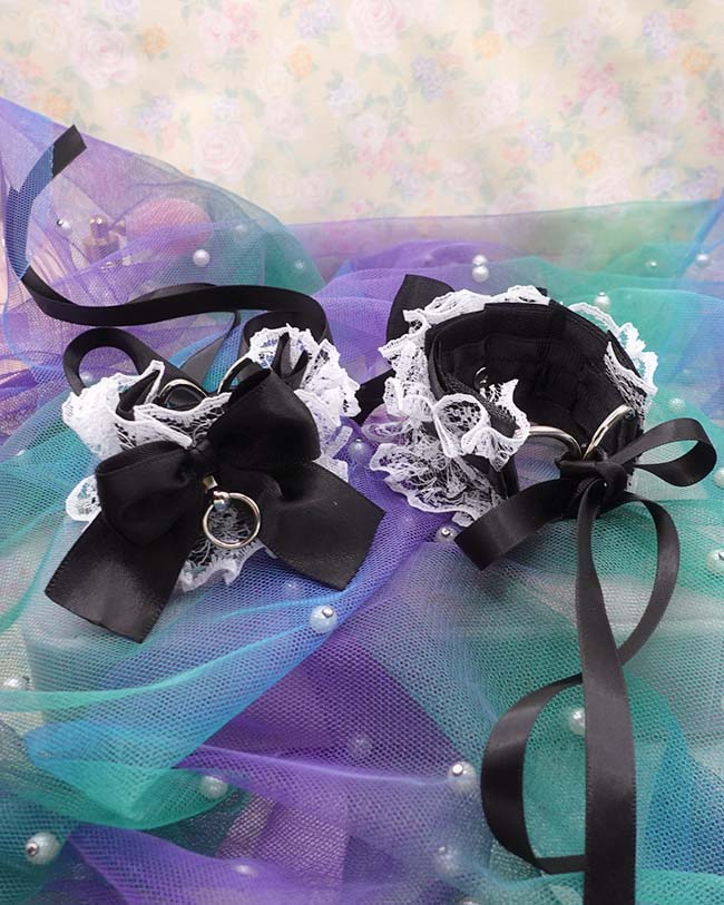Black & White Lace Ruffles Wrist Cuffs –Bow Cosplay Bracelets, Kawaii Kitten Play Gear Cuffs, Lolita Maiden Accessories - Image 5