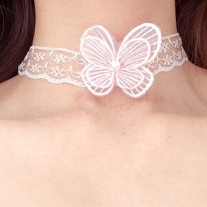 Pink Butterfly White Lace Choker Necklace , Simple Coquette Fairy Core Women Jewellery, Gift for her