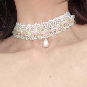 Secret Garden Flower White Lace Choker Necklace with Faux Pearl Pendant , Cottage Fairy Core Women jewellery , handmade gift for her