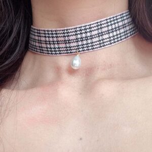 Pink and Black Houndstooth Choker Necklacen with pearl pendant , regency core jewelry day collar, handmade gift for her