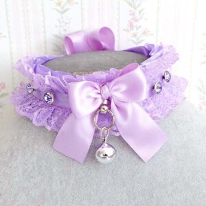 Beautiful Lilac Purple Lace Ruffle Kitten play Collar – Rhinestone Bow Choker Necklace with a Bell, Soft Goth Princess core Jewellery