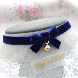 Navy Blue Velvet Skinny Choker – Tiny Bow Coquette Necklace with Bell, Kawaii Day Collar, Cute Soft Girl Jewellery
