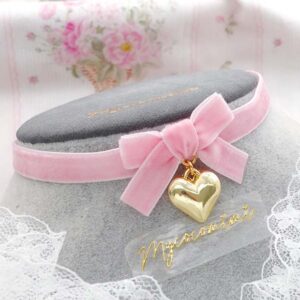 Baby Pink Velvet Skinny Choker – Tiny Bow Gold Heart Necklace, Coquette Kawaii Day Collar, Soft Girl Aesthetic Jewellery