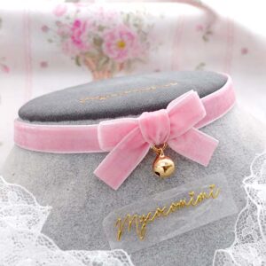 Baby Pink Velvet Skinny Choker – Tiny Bow Coquette Necklace with Bell, Kawaii Day Collar, Cute Soft Girl Jewellery