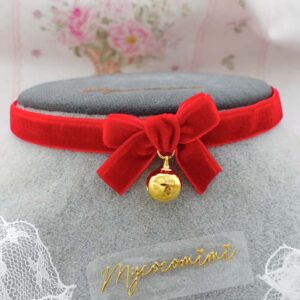 Red Velvet Skinny Choker – Tiny Bow Coquette Necklace with Bell, Kawaii Day Collar, Cute Soft Girl Jewellery