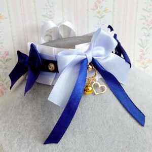 Anime Inspired Blue and White Kitten Play Collar – Navy Bow Choker with Heart & Bell Charm, Pastel Cosplay Necklace, Kawaii Cute Gear