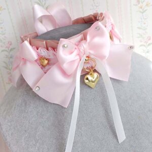 Anime Inspired Pink and Champagne Kitten Play Collar – Rhinestone Bow Choker with Gold Heart Charm, Pastel Cosplay Necklace, Kawaii Gear