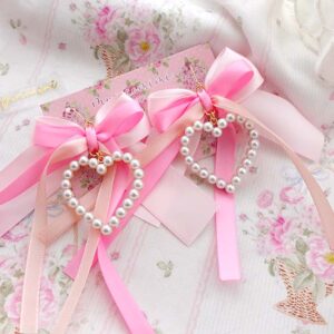 Coquette Earrings Pearl Heart Hot Pink Bow – Cute Soft Girl Jewelry, Romantic Dangle Earrings (Hook or Clip‑On No Pierced Options)