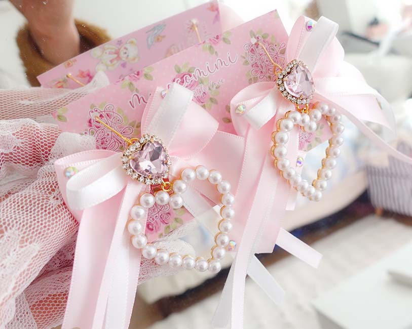 Coquette Rhinestone Pearl Heart Bow Earrings