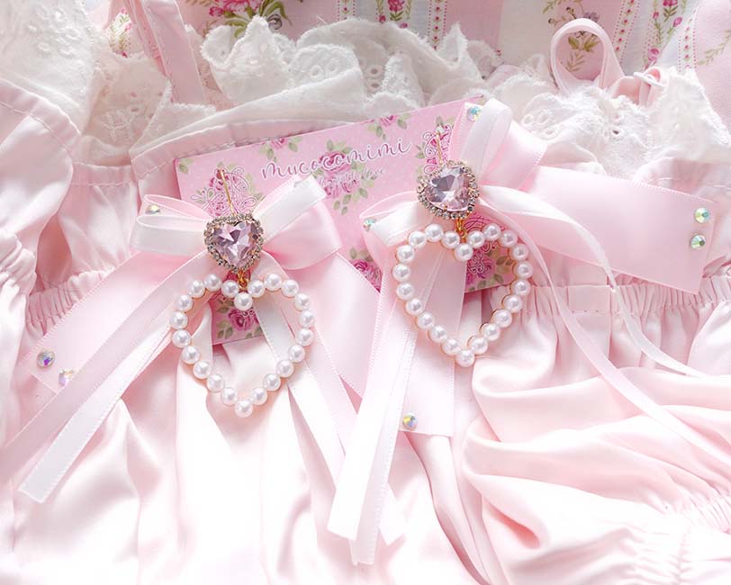 Coquette Rhinestone Pearl Heart Bow Earrings