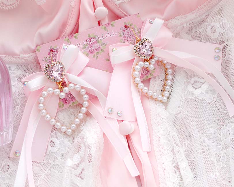 Glam Coquette Dangle Earrings Pearl Heart Baby Pink Bow with Bling Rhinestone – Cute Soft Girl Jewelry (Hook or Clip‑On No Pierced Options) - Image 3