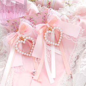 Coquette Earrings Pearl Heart White Lace Baby Pink Bow – Soft Girl Jewelry, Romantic Dangle Earrings (Hook or Clip‑On No Pierced )