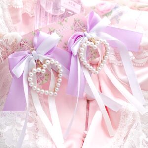 Coquette Earrings Pearl Heart Lilac Purple Bow – Cute Soft Girl Jewelry, Romantic Dangle Earrings (Hook or Clip‑On No Pierced Options)
