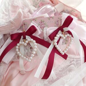 Coquette Red Bow Earrings (Hook or Clip‑On) White Lace Ribbon Pearl Heart Earrings • Anime Inspired Jewellery • Soft Girl Fairycore Gift