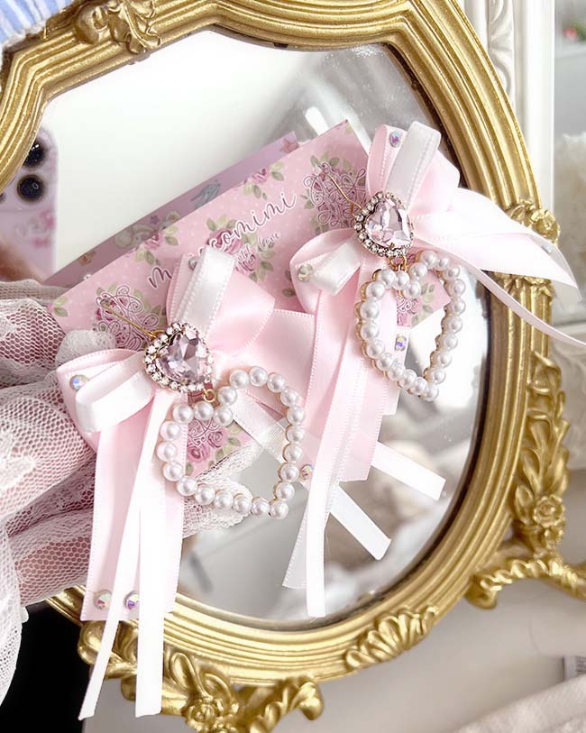 Coquette Rhinestone Pearl Heart Bow Earrings