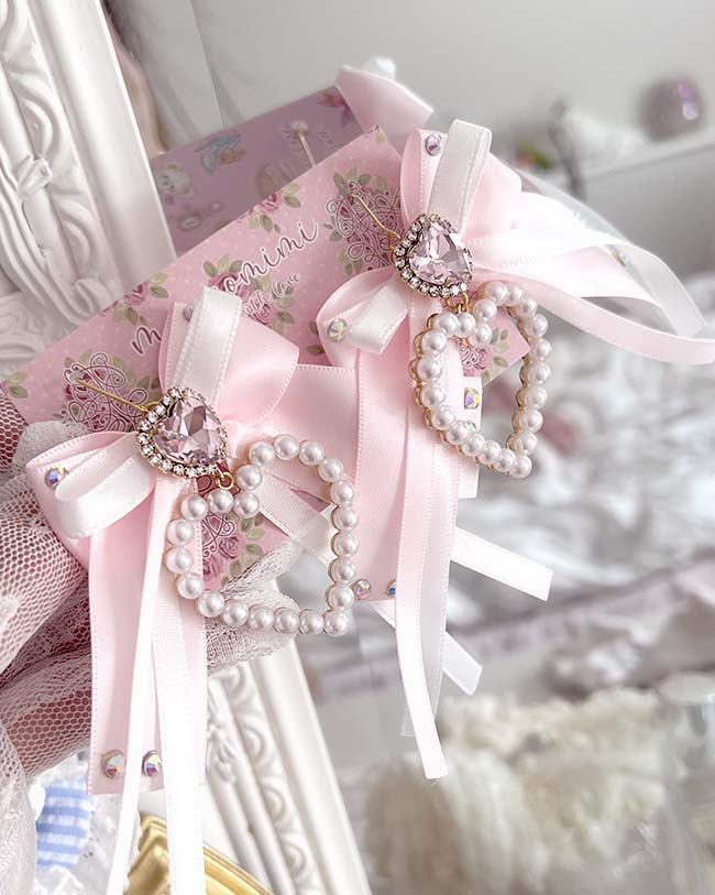 Coquette Rhinestone Pearl Heart Bow Earrings