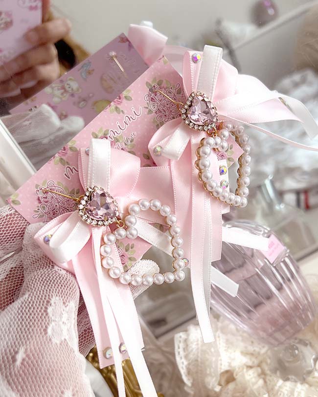 Coquette Rhinestone Pearl Heart Bow Earrings