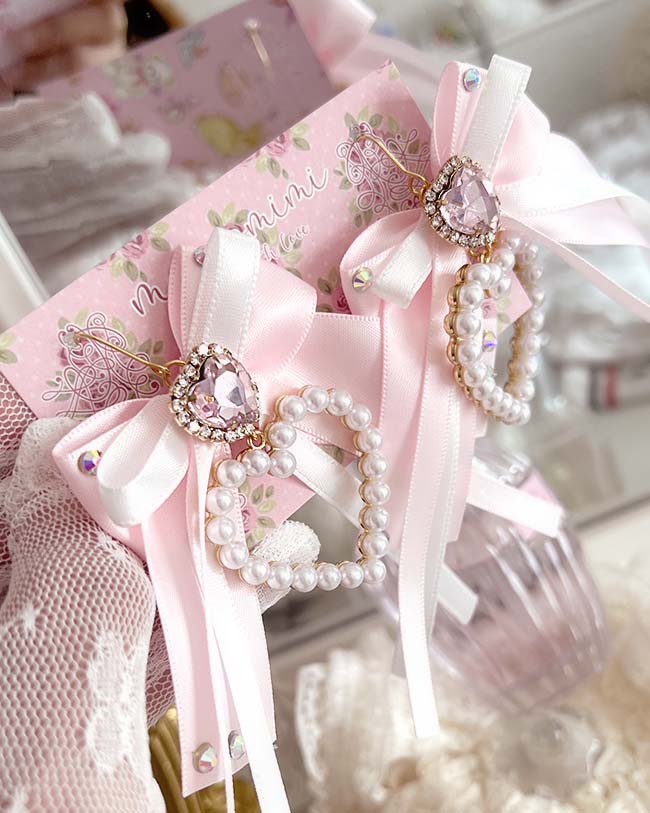 Coquette Rhinestone Pearl Heart Bow Earrings
