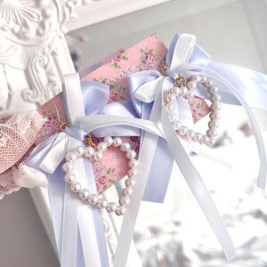 Coquette Earrings Pearl Heart Light Blue Bow – Cute Soft Girl Jewelry, Romantic Dangle Earrings (Hook or Clip‑On No Pierced Options)