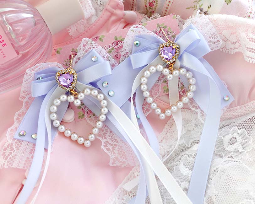 Bling Coquette Dangle Earrings Pearl Heart Light Blue Bow with Rhinestone – Cute Soft Girl Jewelry (Hook or Clip‑On No Pierced Options) - Image 3