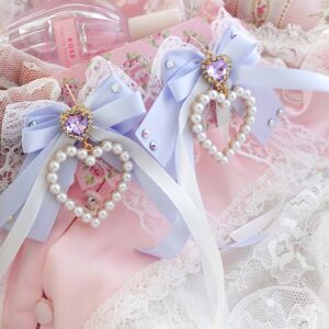 Bling Coquette Dangle Earrings Pearl Heart Light Blue Bow with Rhinestone – Cute Soft Girl Jewelry (Hook or Clip‑On No Pierced Options)