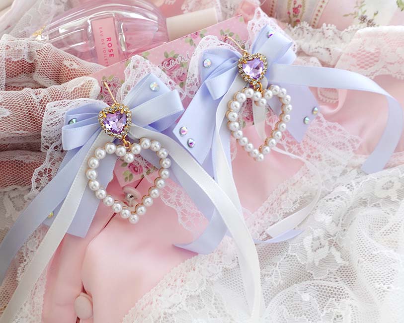 Bling Coquette Dangle Earrings Pearl Heart Light Blue Bow with Rhinestone – Cute Soft Girl Jewelry (Hook or Clip‑On No Pierced Options)