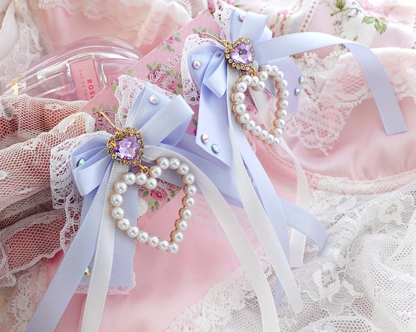 Bling Coquette Dangle Earrings Pearl Heart Light Blue Bow with Rhinestone – Cute Soft Girl Jewelry (Hook or Clip‑On No Pierced Options) - Image 5
