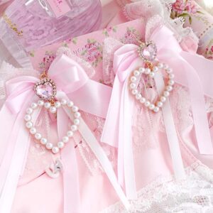 Glam Coquette Dangle Earrings Pearl Heart Baby Pink Bow Bling Rhinestone – Princess Soft Girl Jewelry (Hook or Clip‑On No Pierced Options)