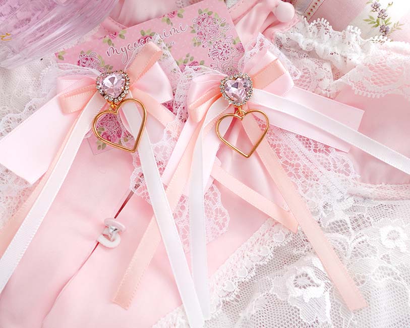 2 pcs Coquette Hair Clips Champagne and Pink Bow • Sparkly Heart Gem Barrettes • Lace Ribbon Kawaii Hair Accessories • Soft Girl Gift