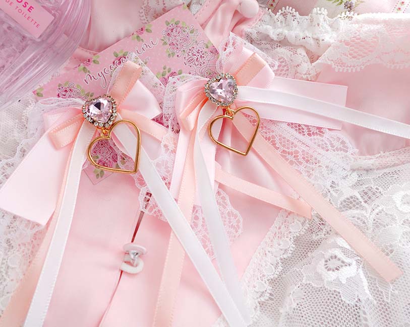 2 pcs Coquette Hair Clips Champagne and Pink Bow • Sparkly Heart Gem Barrettes • Lace Ribbon Kawaii Hair Accessories • Soft Girl Gift - Image 3