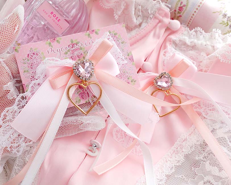 2 pcs Coquette Hair Clips Champagne and Pink Bow • Sparkly Heart Gem Barrettes • Lace Ribbon Kawaii Hair Accessories • Soft Girl Gift - Image 5