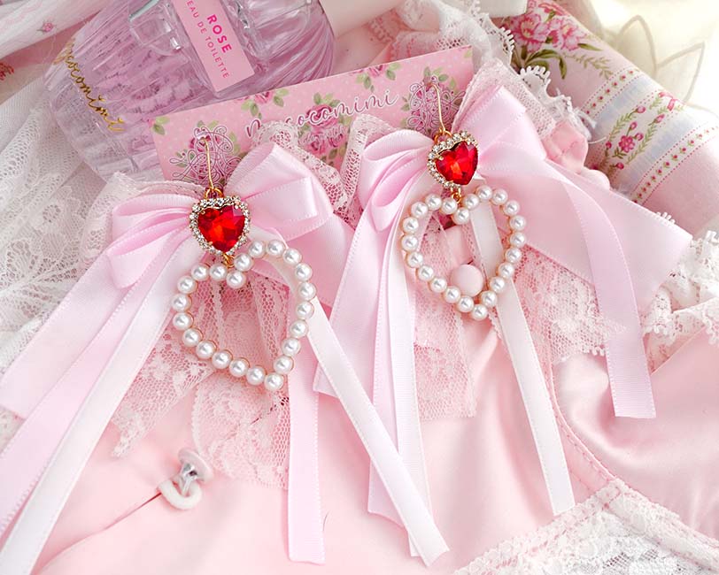 Glam Coquette Dangle Earrings Pearl Heart Baby Pink Bow Red Rhinestone – Princess Soft Girl Jewelry (Hook or Clip‑On No Pierced Options) - Image 6
