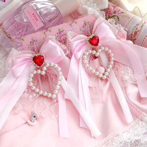 Glam Coquette Dangle Earrings Pearl Heart Baby Pink Bow Red Rhinestone – Princess Soft Girl Jewelry (Hook or Clip‑On No Pierced Options)