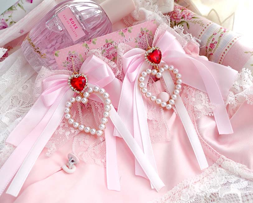 Glam Coquette Dangle Earrings Pearl Heart Baby Pink Bow Red Rhinestone – Princess Soft Girl Jewelry (Hook or Clip‑On No Pierced Options)