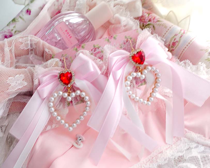 Glam Coquette Dangle Earrings Pearl Heart Baby Pink Bow Red Rhinestone – Princess Soft Girl Jewelry (Hook or Clip‑On No Pierced Options) - Image 4