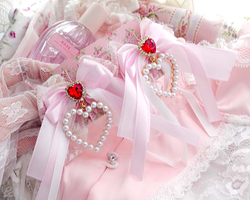 Glam Coquette Dangle Earrings Pearl Heart Baby Pink Bow Red Rhinestone – Princess Soft Girl Jewelry (Hook or Clip‑On No Pierced Options) - Image 5